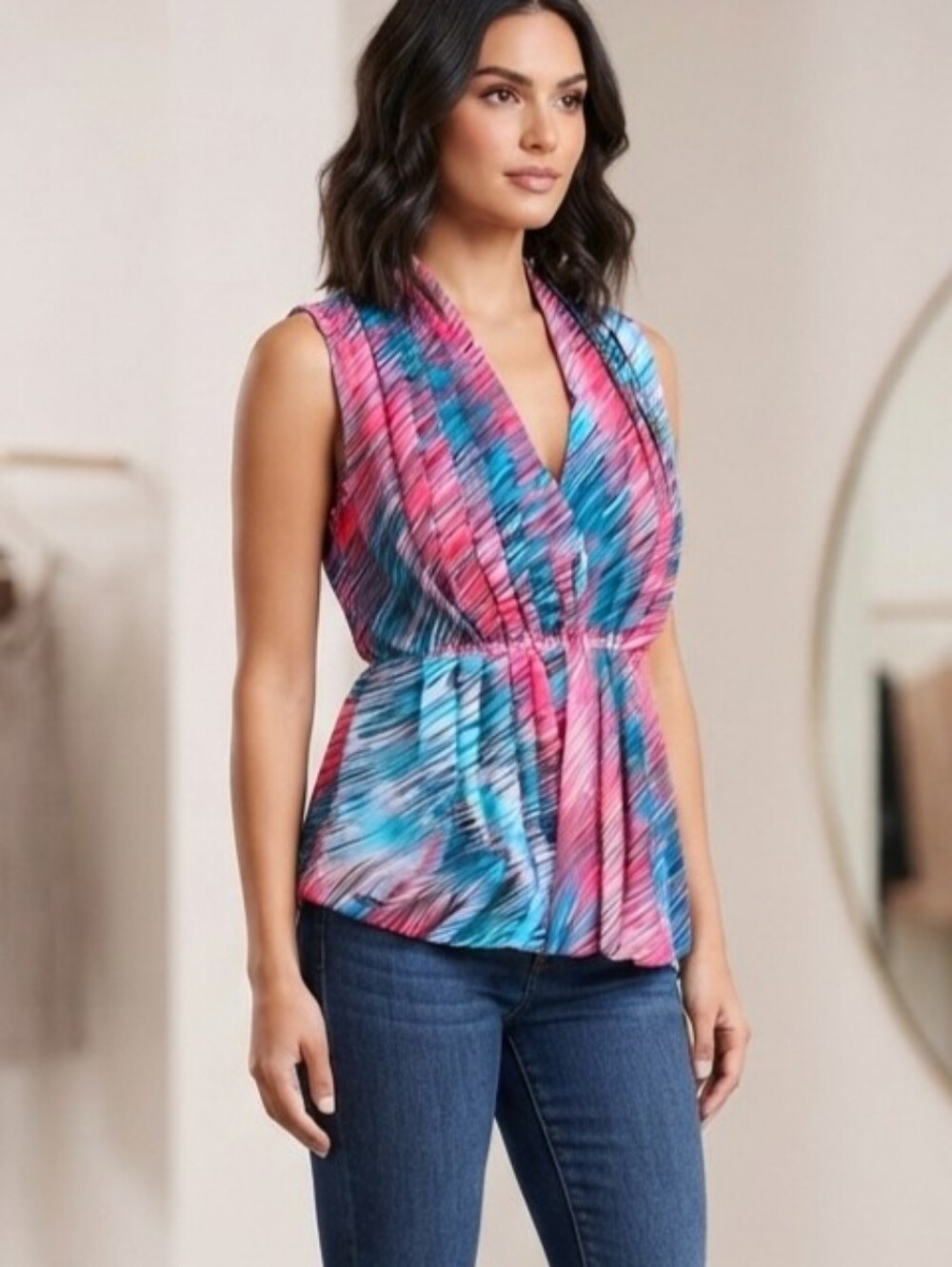 Jennifer Lopez Sleeveless V-Neck Multi-Color Pleated Top